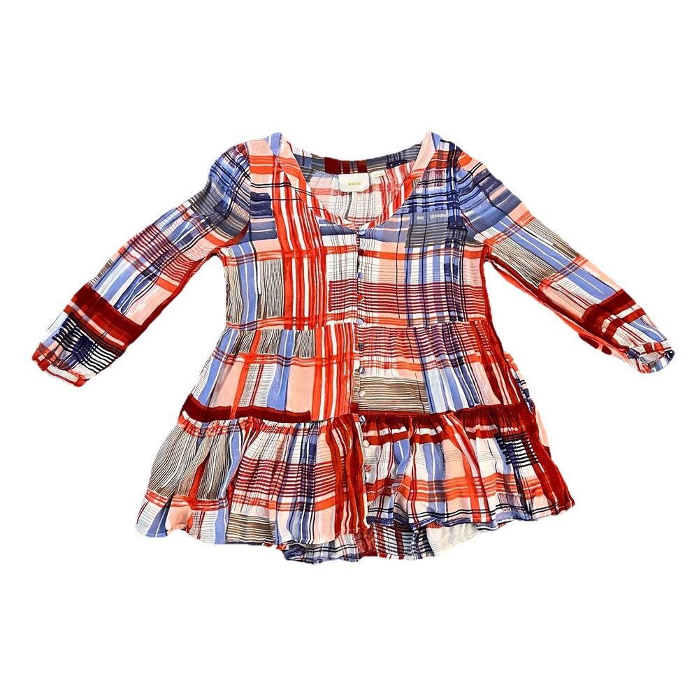 maeve anthropologie Top Medium Plaid Tiered Lila Peasant Tunic